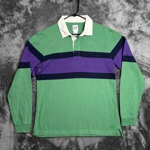 Gap Mens Rugby Shirt Long Sleeve Green Purple Striped Cotton Polo Size M 6867
